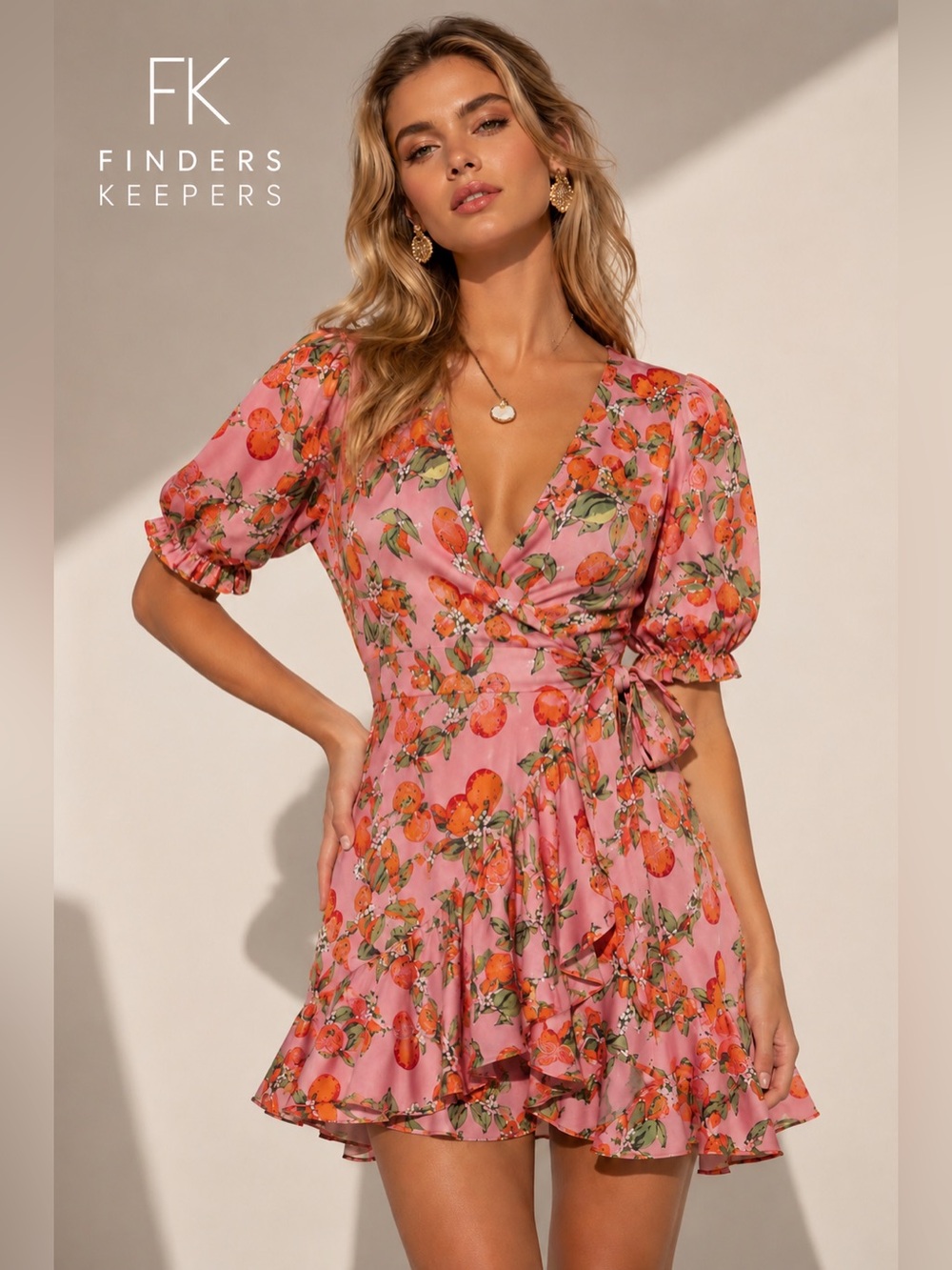 Finders Keepers Aranciata Pink Clementine Wrap Mini L Dress Citrus Orange B3